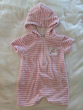 Kissy Kissy Whale Stripe Hooded Terry Romper- Size 3-6 months